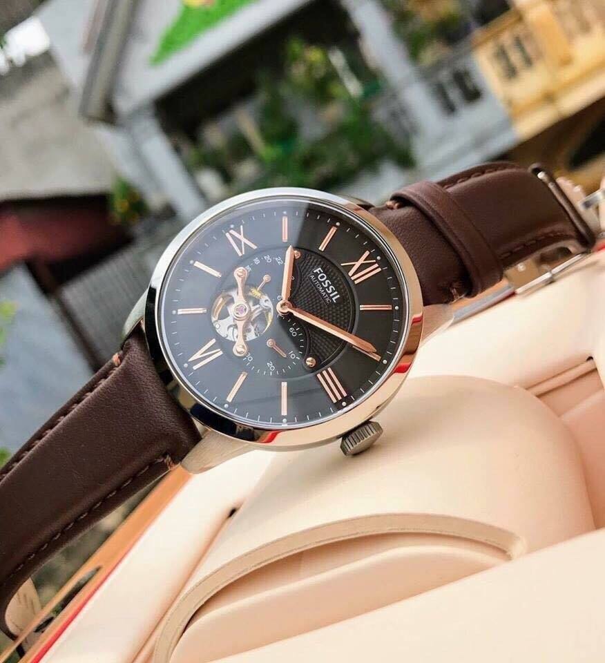 Fossil Townsman Automatic Black Dial Brown Leather Strap Watch for Men