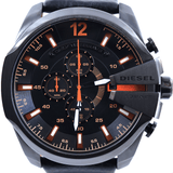 Diesel Mega Chief Chronograph Black Dial Black Leather Strap Watch For Men - DZ4291