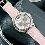 Michael Kors Multifunction Silver Dial Pink Leather Strap Watch For Women - MK7206