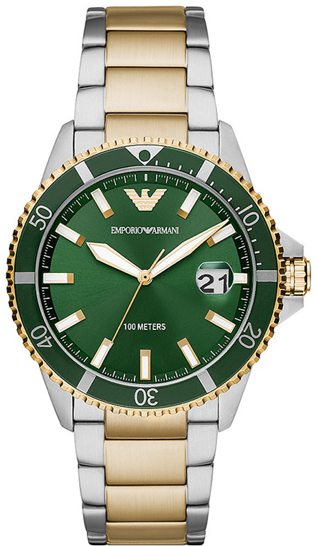 Emporio Armani Diver Chronograph Green Dial Two Tone Steel Strap Emporio Armani Diver Chronograph Green Dial Two Tone Steel Strap