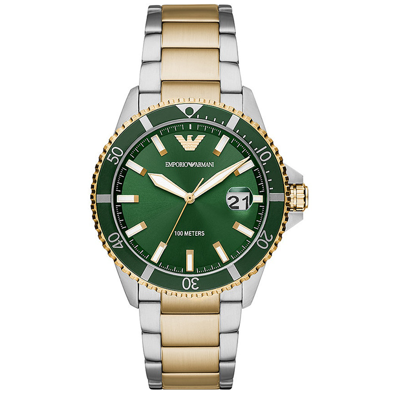 Emporio Armani Diver Chronograph Green Dial Two Tone Steel Strap Emporio Armani Diver Chronograph Green Dial Two Tone Steel Strap