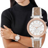 Michael Kors Parker Chronograph White Dial Two Tone Leather Strap Watch For Women - MK6950