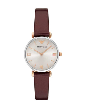 Emporio Armani Gianni T-Bar Quartz Silver Dial Brown Leather Strap Watch For Women - AR11061