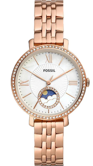 Fossil Jacqueline Analog Moonphase Mother of Pearl White Dial Rose Gold Steel Strap Watch for Women - ES5165