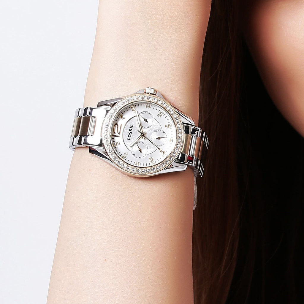 for Riley Two White Steel Strap Fossil Tone Watch Women Dial