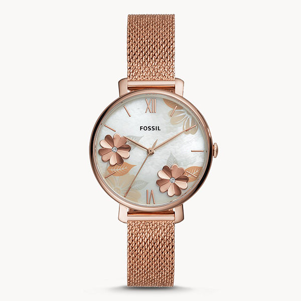 Fossil Jacqueline Three-Hand White Dial Rose Gold Mesh Bracelet Watch for Women - ES4534