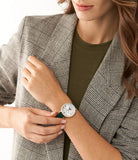 Fossil Jacqueline Multifunction Moonphase Mother of Pearl White Dial Green Leather Strap Watch for Women - ES5244