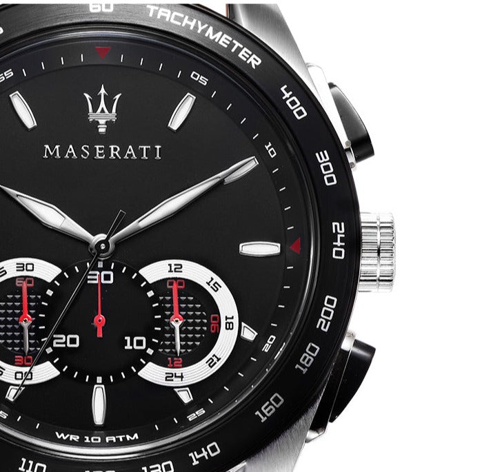 マクラメ Maserati Traguardo Black Dial Black Leather Strap Watch For Men