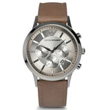 Emporio Armani Classic Chronograph Silver Dial Brown Leather Strap Watch For Men - AR2471