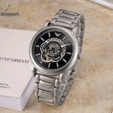 Emporio Armani Meccanico Automatic Skeleton Black Dial Silver Steel Strap Watch For Men - AR60021