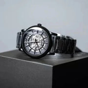 Emporio Armani Meccanico Skeleton Black Dial Black Steel Strap Watch For Men - AR60045