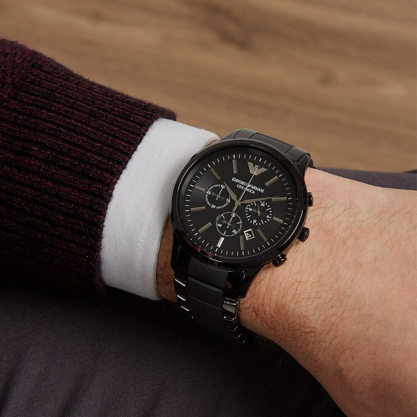 Emporio Armani Ceramica Chronograph Black Dial Black Steel Strap