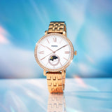 Fossil Jacqueline Analog Moonphase Mother of Pearl White Dial Rose Gold Steel Strap Watch for Women - ES5165