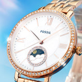 Fossil Jacqueline Analog Moonphase Mother of Pearl White Dial Rose Gold Steel Strap Watch for Women - ES5165