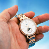 Fossil Jacqueline Analog Moonphase Mother of Pearl White Dial Rose Gold Steel Strap Watch for Women - ES5165