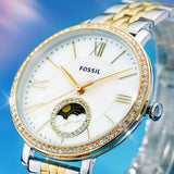 Fossil Jacqueline Analog Moonphase Mother of Pearl White Dial Two Tone Steel Strap Watch for Women - ES5166