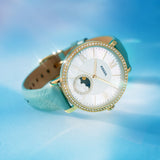 Fossil Jacqueline Analog Moonphase Mother of Pearl White Dial Green Leather Strap Watch for Women - ES5168