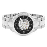 Fossil Grant Automatic Skeleton Black Dial Silver Steel Strap Watch for Men - ME3103