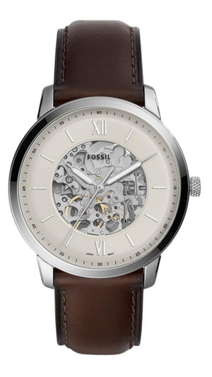 Fossil Neutra Automatic Skeleton White Dial Brown Leather Strap Watch for Men - ME3184