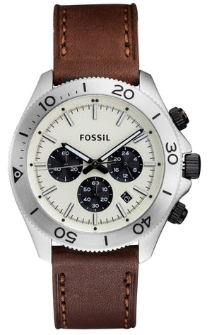 Fossil Retro Traveler Chronograph White Dial Brown Leather Strap Watch for Men - CH2886