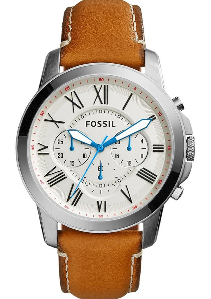 Fossil Grant Chronograph White Dial Brown Leather Strap