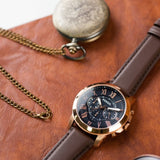 Fossil Grant Chronograph Blue Dial Brown Leather Strap Watch for Men - FS5068