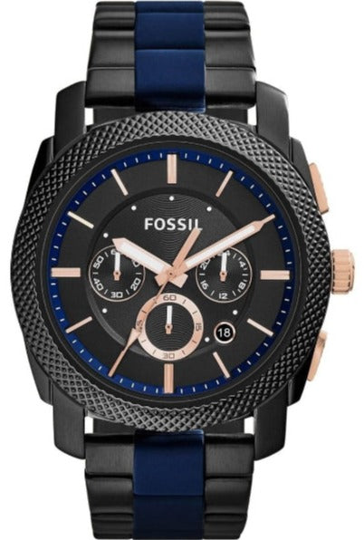 Fossil Machine Chronograph Black Dial Two Tone Steel Strap Watch