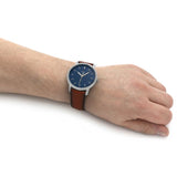 Fossil Minimalist Blue Dial Brown Leather Strap Watch for Men - FS5304