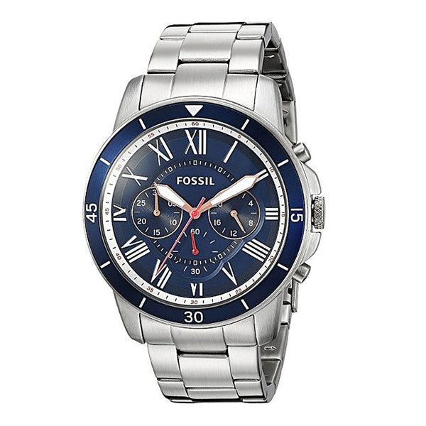 Fossil Grant Blue Men for Dial Sport Silver Watch Chronograph Steel Strap