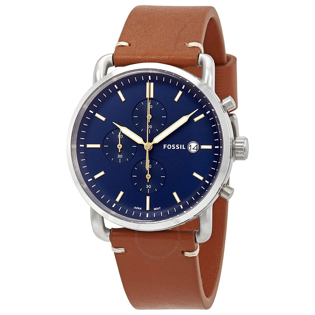 Fossil The Commuter Blue Dial Brown Leather Strap Watch for Men - FS54