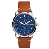 Fossil The Commuter Blue Dial Brown Leather Strap Watch for Men - FS5401