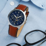 Fossil Neutra Minimalist Moonphase Blue Dial Brown Leather Strap Watch for Men - FS5903