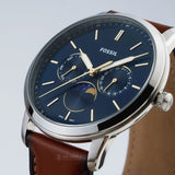 Fossil Neutra Minimalist Moonphase Blue Dial Brown Leather Strap Watch for Men - FS5903