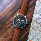 Fossil Neutra Minimalist Moonphase Blue Dial Brown Leather Strap Watch for Men - FS5903