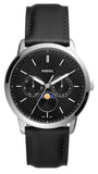 Fossil Neutra Minimalist Moonphase Black Dial Black Leather Strap Watch for Men - FS5904