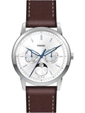 Fossil Neutra Minimalist Moonphase Silver Dial Brown Leather Strap Watch for Men - FS5905