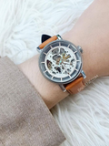 Fossil Boyfriend Automatic Skeleton Silver Dial Brown Leather Strap Watch for Women - ME3109