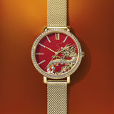 Fossil Jacqueline Dragonsteel Limited Edition Red Dial Gold Mesh Strap Watch for Women - ES5316