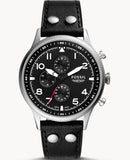 Fossil Retro Pilot Chronograph Black Dial Black Leather Strap Watch for Men - FS5806