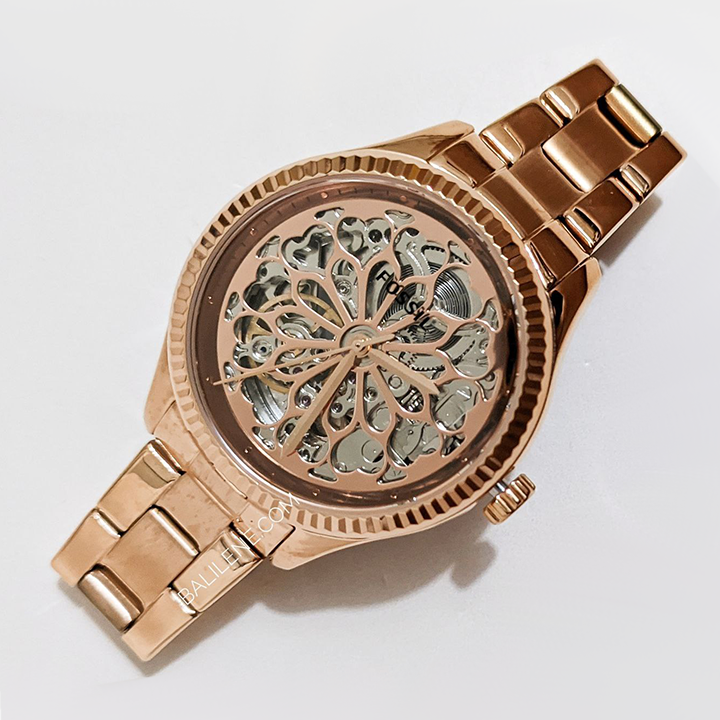 Fossil Rye Automatic Skeleton Rose Gold Dial Rose Gold Steel Strap