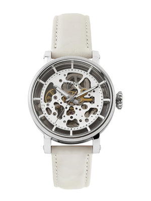 Fossil Boyfriend Automatic Skeleton Silver Dial White Leather Strap Watch for Women - ME3069