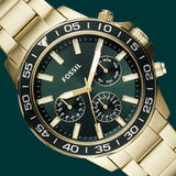 Fossil Bannon Multifunction Chronograph Green Dial Gold Steel Strap Watch for Men - BQ2493