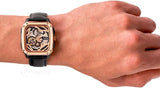 Fossil Inscription Automatic Skeleton Rose Gold Dial Black Leather Strap Watch for Men - BQ2572