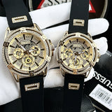 Guess King Quartz Crystals Gold Dial Black Silicone Strap Watch For Men - GW0537G2