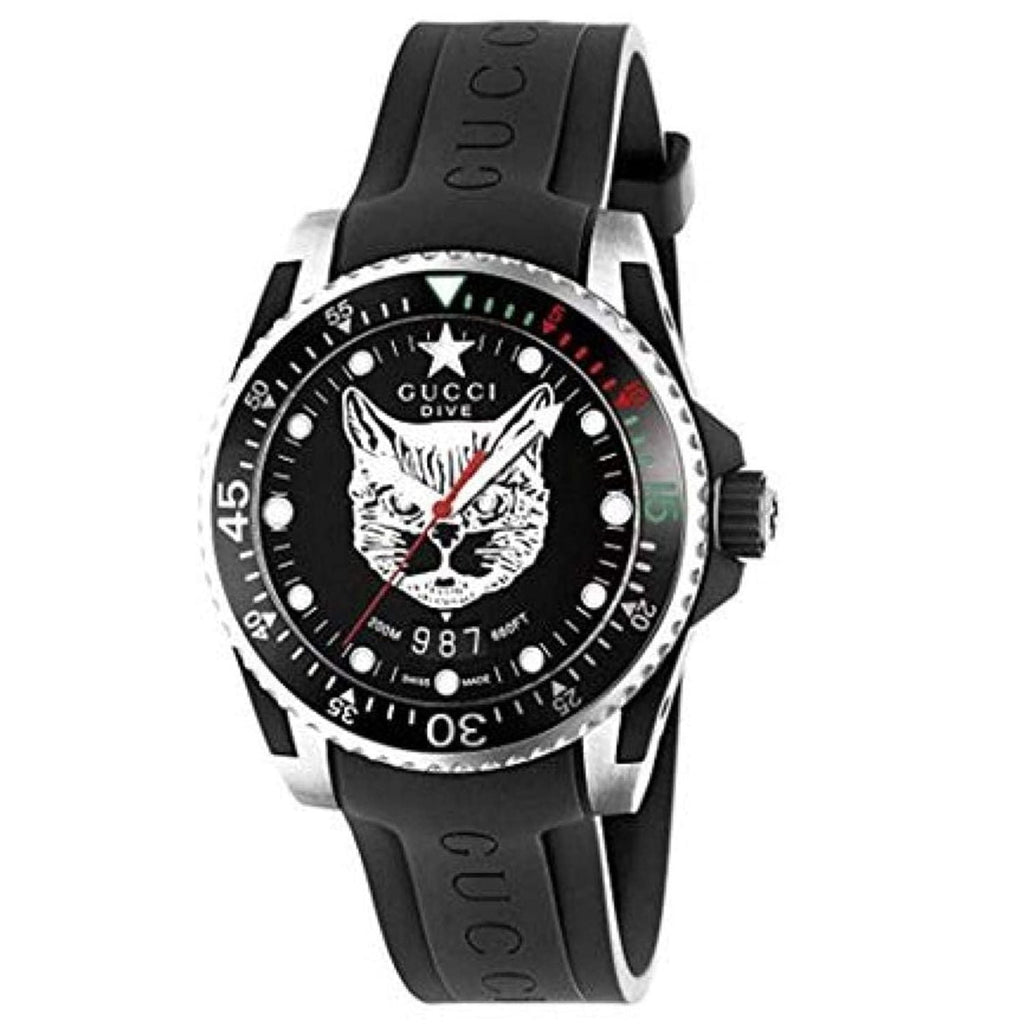 GUCCI メンズ デジタル時計 Gucci Dive Feline Black Dial Black Rubber Strap Watch For Men