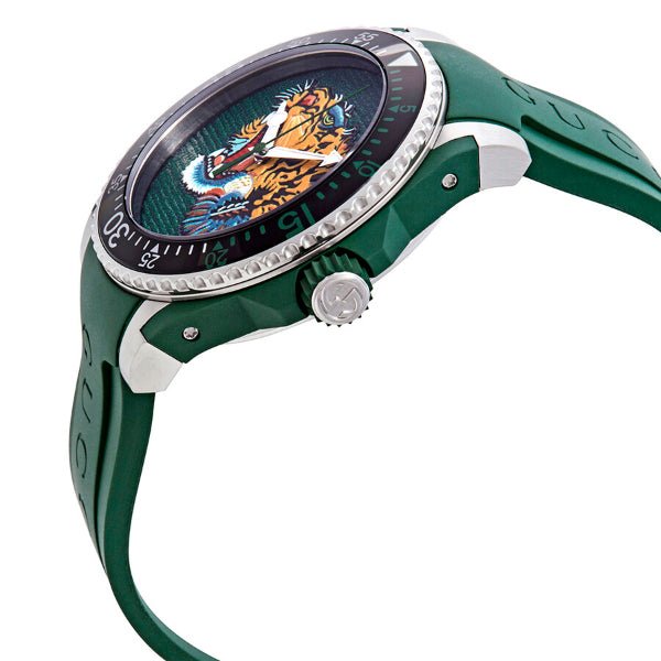 Gucci Dive Tiger Green Dial Green Rubber Strap Watch For Men