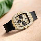 Guess Phoenix Multifunction Crystals Gold Dial Black Silicone Strap Watch For Men - GW0048G2