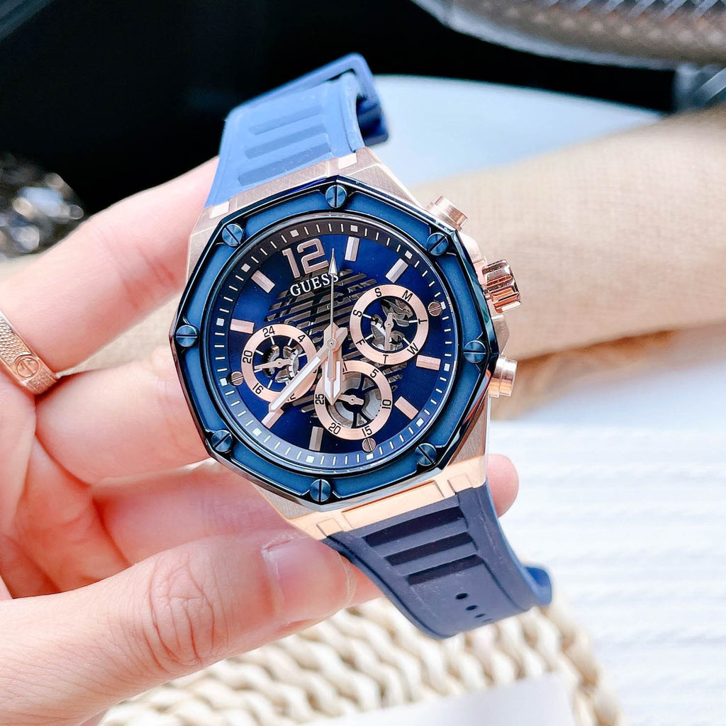 Chronograph Strap Rubber Blue Momentum Watch Guess Dial Blue for Men