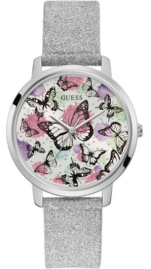 Guess Sparkle Butterfly White Dial Silver Leather Strap Watch For Women - GW0008L1