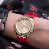 Guess Cosmo Diamonds Gold Dial Red Rubber Strap Watch for Women - GW0034L6